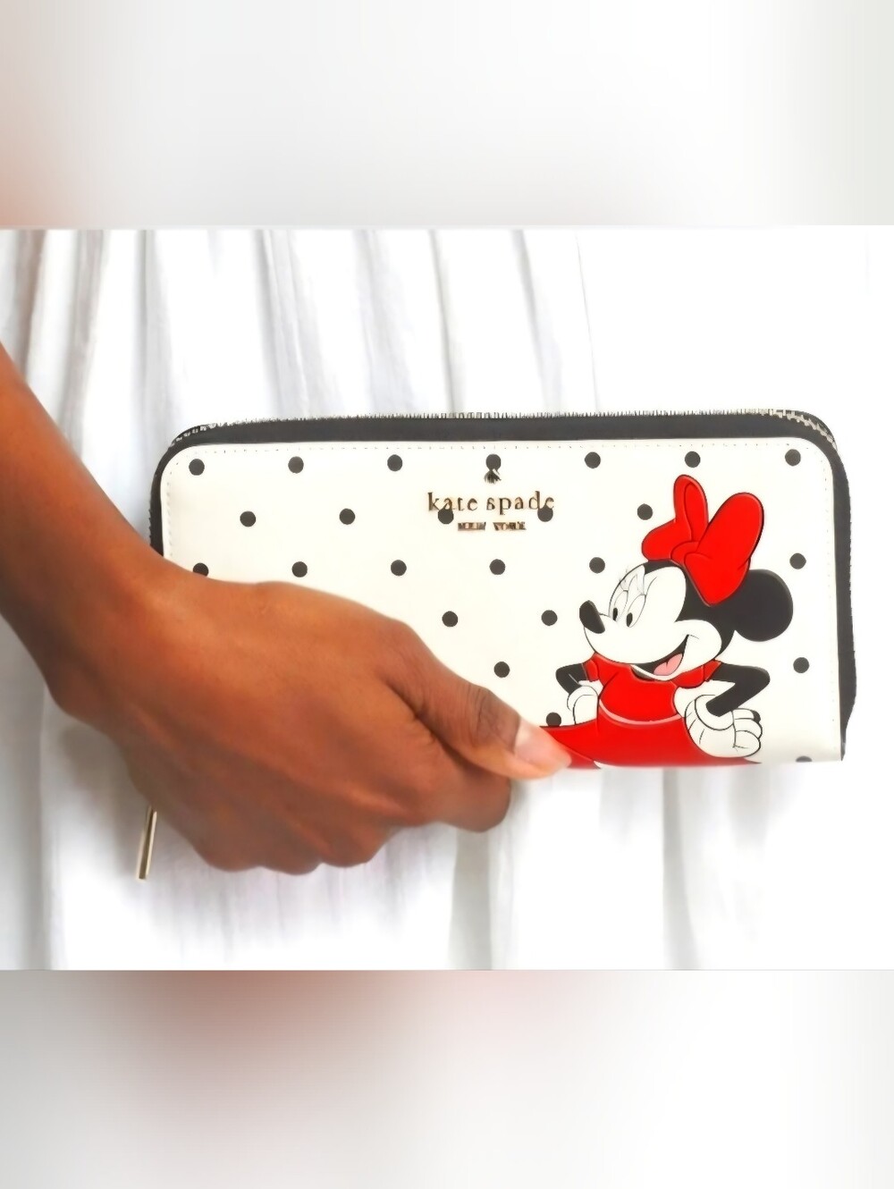 NWT Kate Spade x Minnie Mouse Zip Around Wallet Polka Dot Disney White